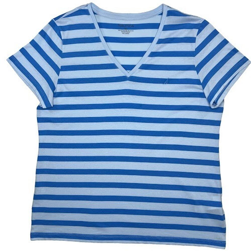 Nautica Women's T-Shirt Size XXL Dark and Light Blue Striped V Neck 2XL Tee Top